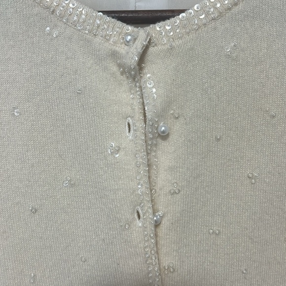 Cashmere Elegant Cream Cardigan Button Down Sweater Pearls details size Small - Picture 9 of 9